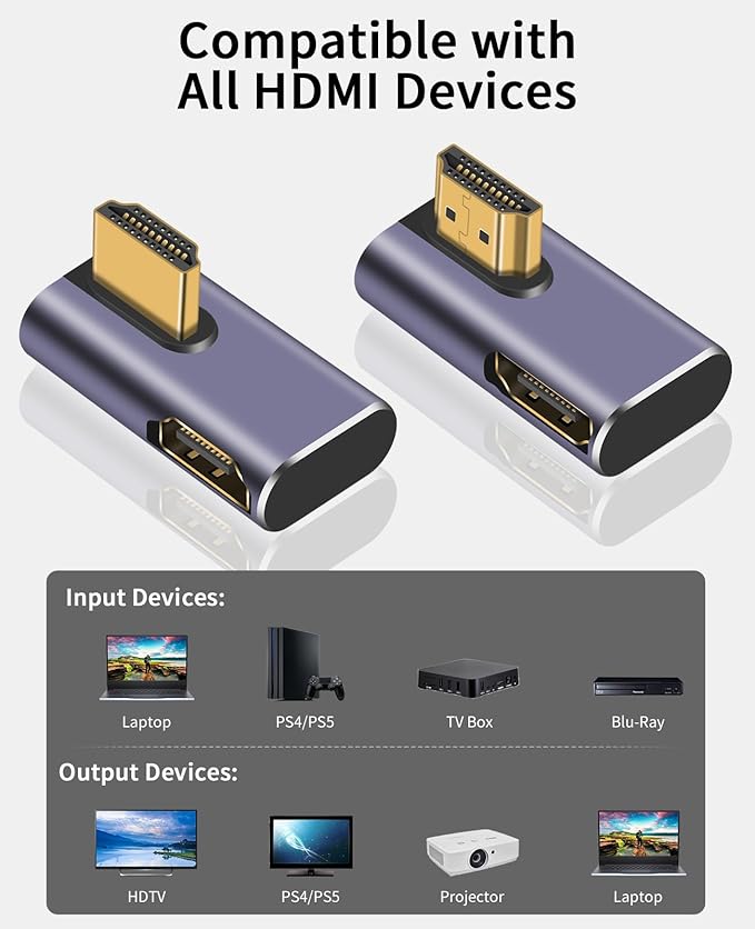 Poyiccot 8K HDMI 90 Degree Adapter, 270 Degree Left and Right Angle HDMI 2.1 Adapter, Male to Female Extender, 48Gbps, 8K@60Hz for HDTV Laptop PS5 Xbox, 2-Pack
