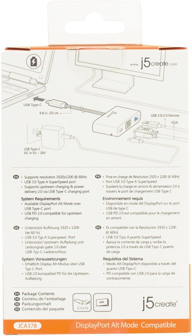 j5create USB-C to VGA & USB 3.0 - Power Delivery | USB Super Speed 3.0 Port | 5 Gbps | 1920 x 1200 @ 60 Hz | 1080p Video Playback | Compatible with USB C Devices