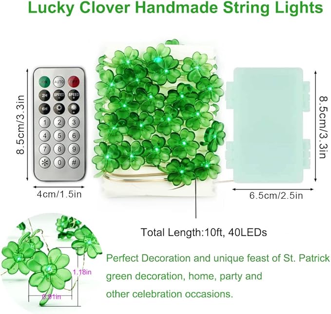 BOHON St Patricks Day Decorations Shamrocks String Lights Battery Operated with Remote 10 ft 40 LEDs Lucky Clover Green Lights for Bedroom Party Feast of Saint St. Patrick's Day Decoration