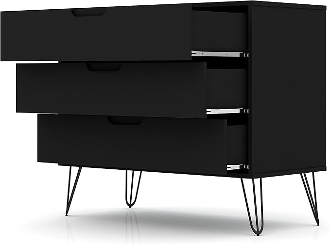 Manhattan Comfort Rockefeller 3 Drawer Dresser for Bedroom Storage, Closet, Living Room, Entryway, TV Stand for Screens up to 32 Inches, Anti-Tip Kit Included, Set of 2, Black