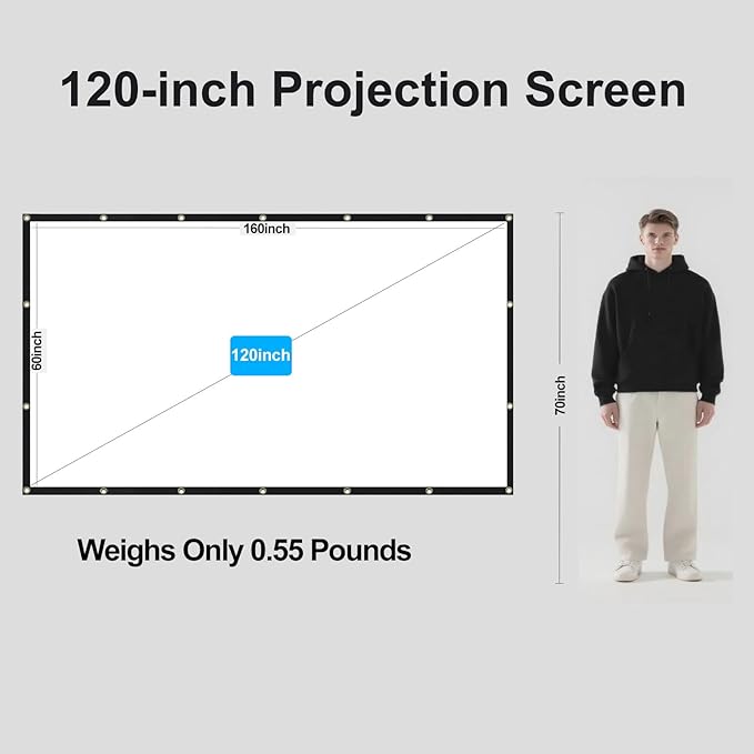 120-inch Projection Screen, 16:9 Foldable and Washable Portable 4K Movie Screen, Anti-Wrinkle, Easy-to-Install Outdoor Projection Screen, Suitable for Office, Home Theater, Outdoor and Indoor use.