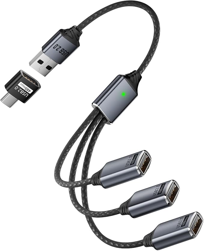 QIANRENON 3 in 1 USB 2.0 Extension Cable 1 in 3 USB 2.0 Male to 3 Female Splitter Cable, 480Mbps 5V3A, with A to C Adapter Extend to Type C Male to 3 USB Female C-able, for Charging Data Transfer OTG