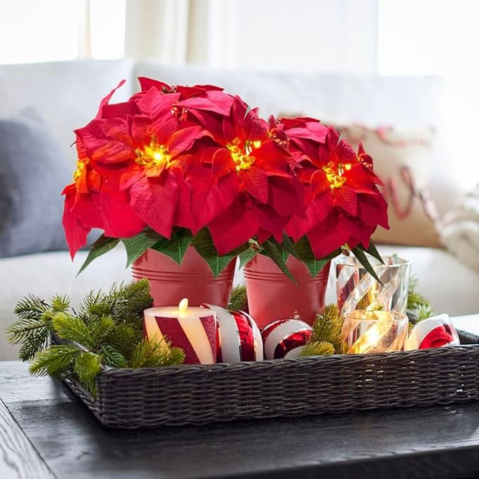 2 Pack Lighted Artificial Poinsettias for Outdoors LED Poinsettia Flowers Artificial Faux Poinsettia Plants Poinsettia Christmas Decorations for Holiday Home Kitchen Decor(10 inch)