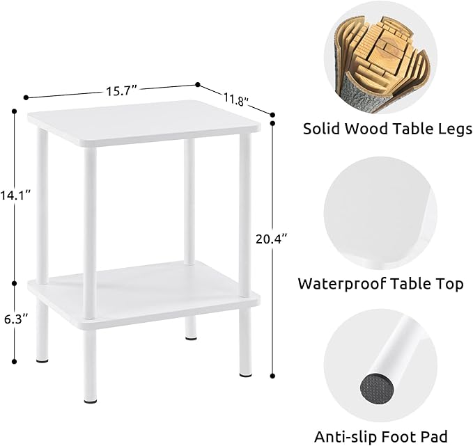 Apicizon 2 Tier End Table, Small Side Table with Solid Wood Legs, Boho Bedside Table with Storage Shelf, Nightstand for Small Spaces, Bedroom, Living Room, Entryway, Farmhouse, Easy Assembly, White