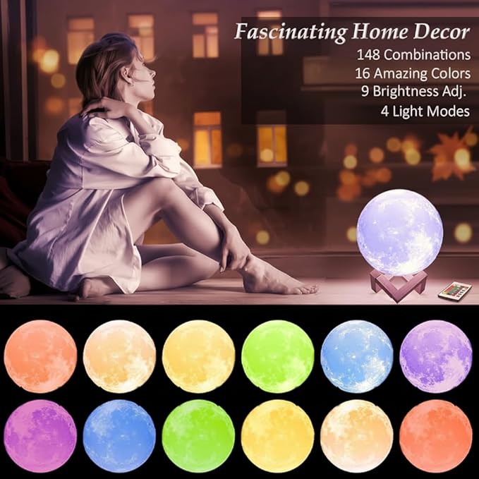 Mydethun 16-Color 3D Moon Lamp, 148 Lighting Modes, 5.9" Rechargeable Dimmable Night Light with Remote & Wooden Stand – Unique Gift for Women, Mom, Kids, Bedroom, Thanksgiving Table & Christmas Décor