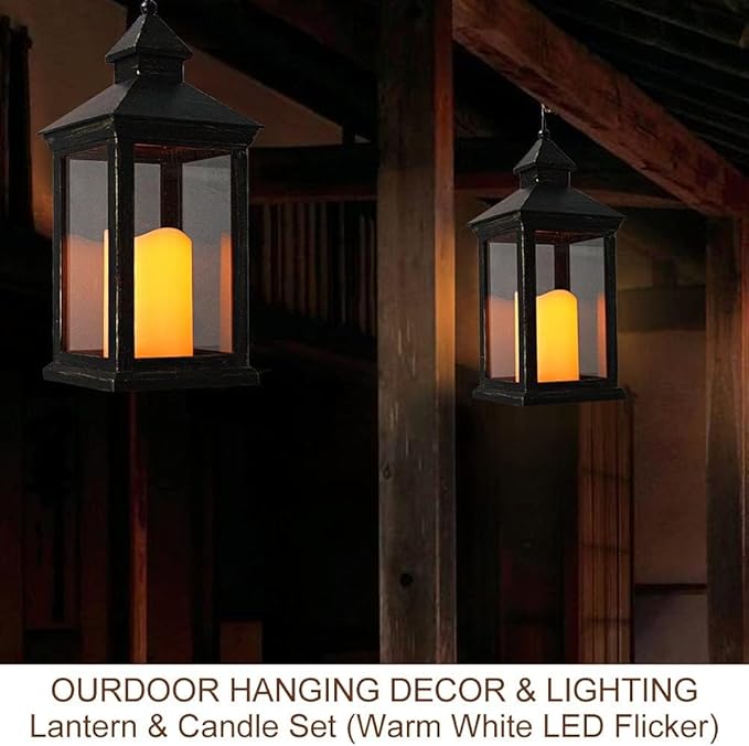 Bright Zeal 14" Tall Vintage Decorative Lantern with LED Pillar Candle (Distressed Gold, Batteries Included) - Outdoor Lights Decorative Hanging - Battery Lantern with Timer - Vintage Candle Light