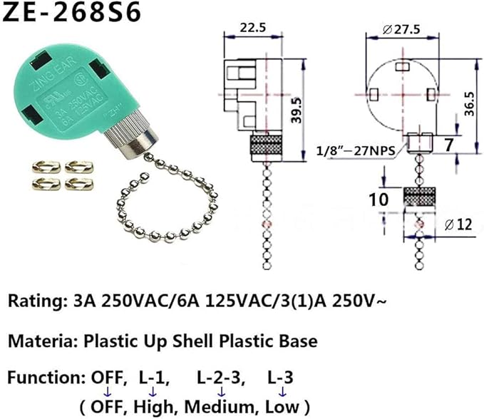 Ceiling Fan Switch ZE-268S6 3 Speed 4 Wire for Ceiling Fan Light Lamps and Wall Lights Pull Chain Switch Replacement On-Off with Pull Chain,1 Pack