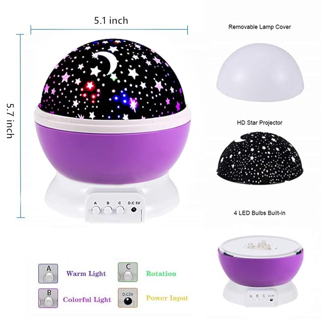 Borelor Star Night Light for Kids, 12 Color Changing Lights Modes with USB Cable, 360°Rotating Moon Star Projector Desk Lamp for Bedroom Party Decor & Girls Birthday Gift (Purple)