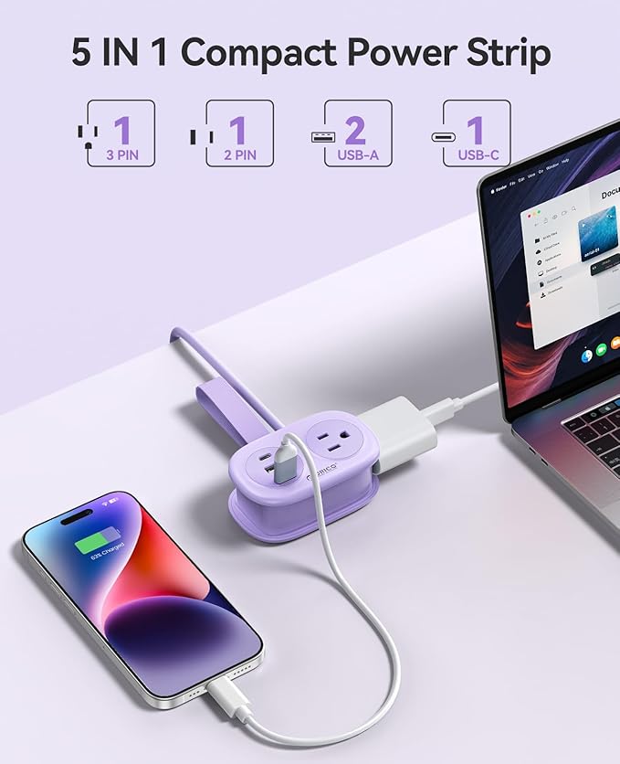 ORICO Pocket Power Strip for Travel, 5 in 1 Extension Cord with 2 AC Outlets 2 USB-A and 1 USB-C Ports, 3.7 ft Flat Plug Wrapped Around Power Strip for Cruise Office, Hotel, Home- AP3