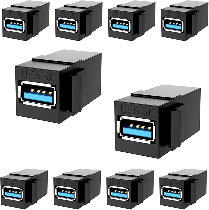 PANPEO USB 3.0 Keystone Jack Insert – Female to Female Coupler for Wall Plates & Panels (Black, 10 Pack)