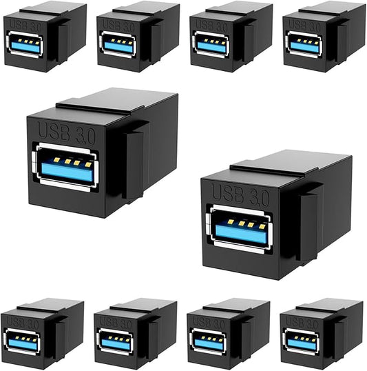 PANPEO USB 3.0 Keystone Jack Insert – Female to Female Coupler for Wall Plates & Panels (Black, 10 Pack)