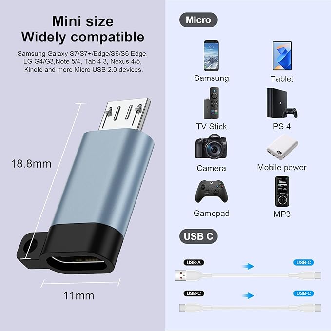 Micro USB to USB C Adapter, 4Pack Type C Female to Micro USB Male Adapter Mini-USB Connector Support Charge & Data Sync for Samsung Galaxy S7/S7+/S7 Edge/S6/S6 Edge/J3/J7/Note 6/5,LG G4,Nexus 4/5/6