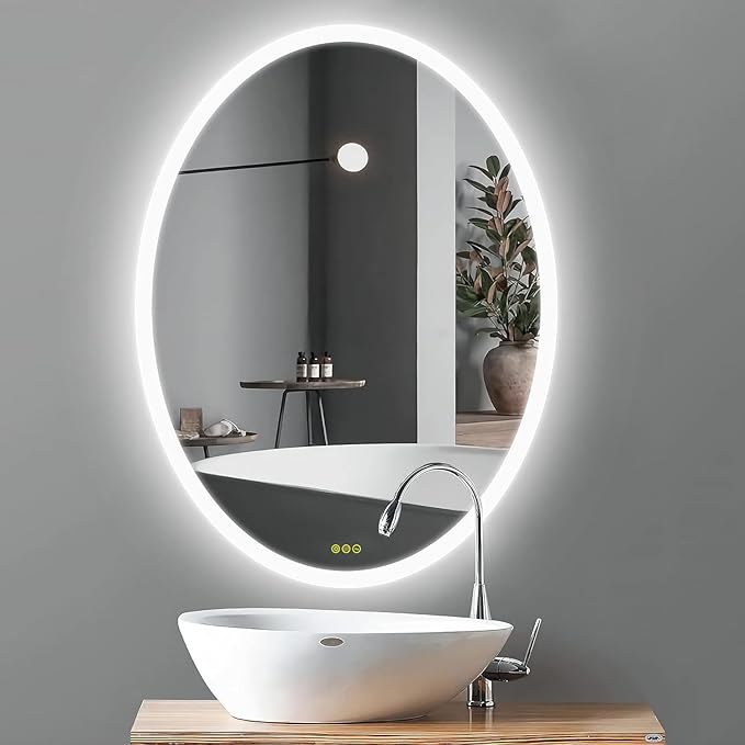 Wall-Mounted LED Oval Bathroom Mirror, Makeup Mirror (32 inches x 24 inches,) 3 Color Stepless Dimmable Memory Bathroom Vanity Mirror with Lights CRI90+ 3000-6400K Smart Mirror with Touch