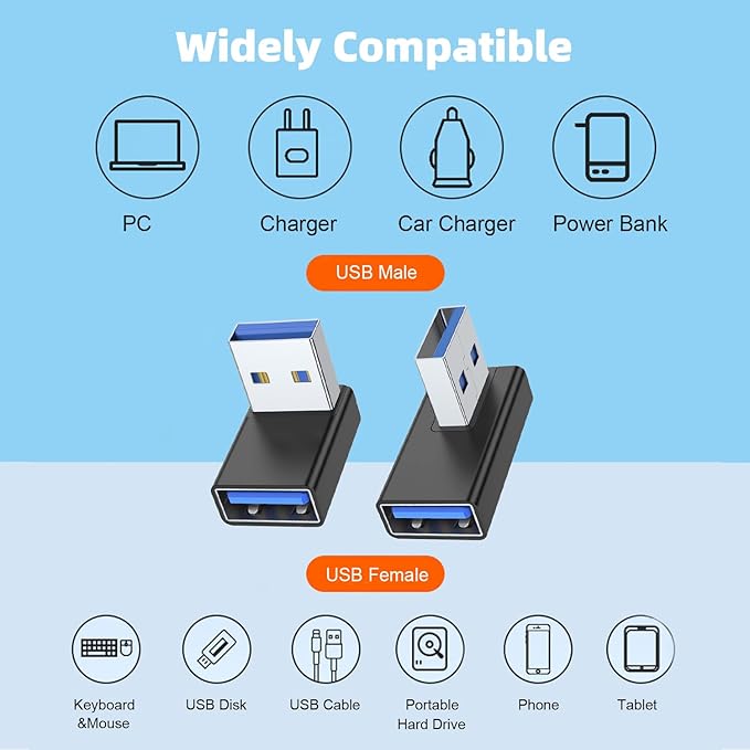 AreMe 90 Degree USB 3.0 Adapter 4 Pack, Up and Down Angle, Left and Right Angle USB A Male to Female Converter Extender for PC, Laptop, Type A Charger, Power Bank and More (Black)