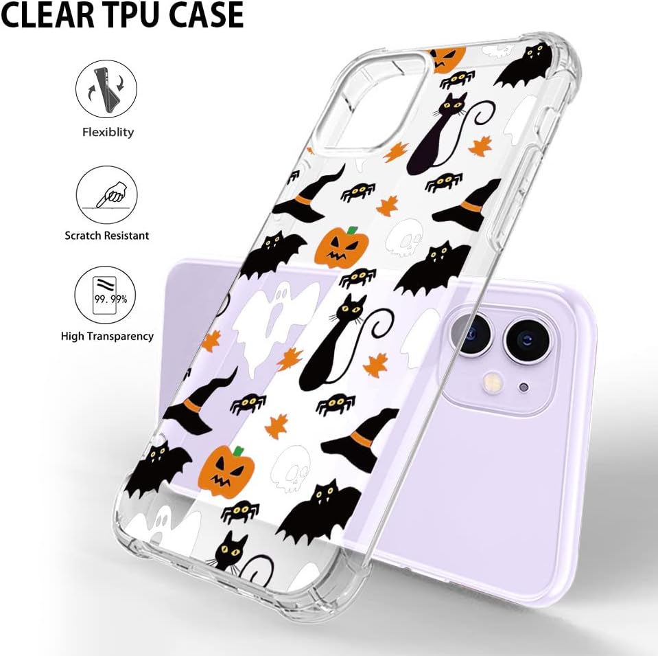 Halloween Clear Phone Case for iPhone 11, Soft TPU Protective Slim Shockproof Cover with Ghost Pumpkin Pattern