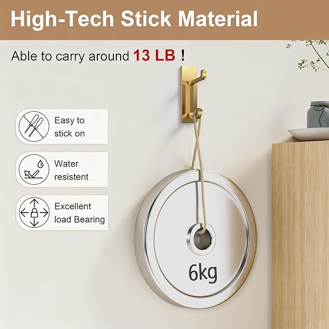 pickpiff Self Adhesive Hooks, Extra Sticky 10LB (Max), Heavy Duty Stainless, Stick On Wall and Door Hooks for Hanging, Bathroom Towel Hooks and Coat Hooks, Robe Hook Wall Mounted, Gold, 4 Pack