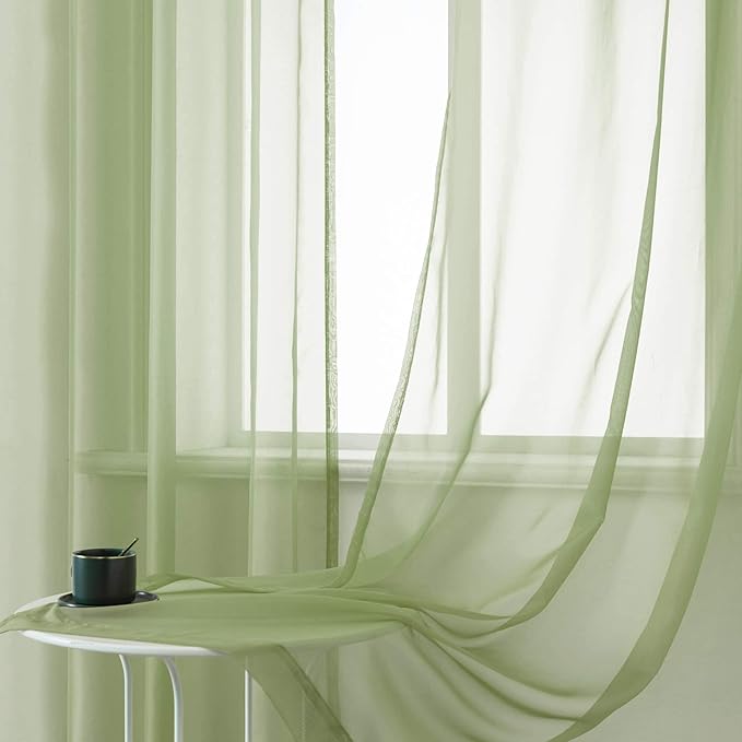 DUALIFE Sage Green Sheer Curtains 63 Inch Length for Kitchen 2 Panels Set with Grommet Window Treatments for Living Room Bathroom Dining Room St Patric Day Decor 52X63 Inches Long(Light Green)