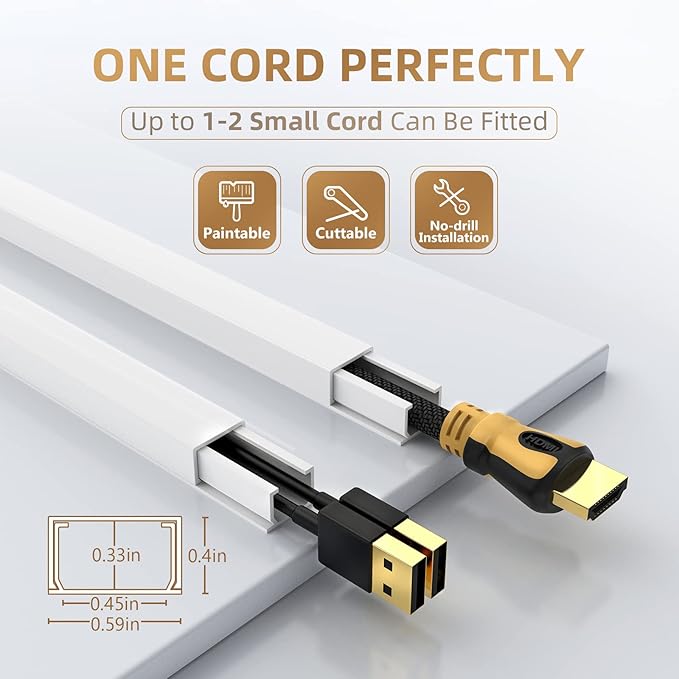 Delamu Cord Hider, Cord Covers for Wires on Wall, One-Cord Cable Hider, Self-Adhesive Wire Hiders Wire Covers for TV Cords on Wall, Easy Mount Cable Cover Management Kit, 6X W0.59 H0.4in, White