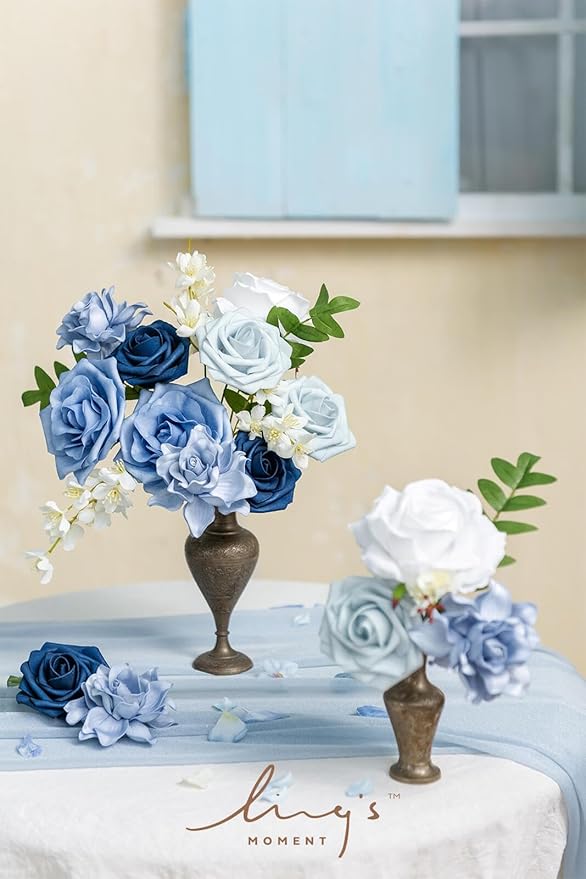 Ling's Moment Artificial Flowers Fake Silk Roses Faux Foam Gardenia Combo for DIY Wedding Bouquets Centerpieces Arrangements Bridal Shower Party Home Decorations, Dusty Blue & Ivory, 23pcs