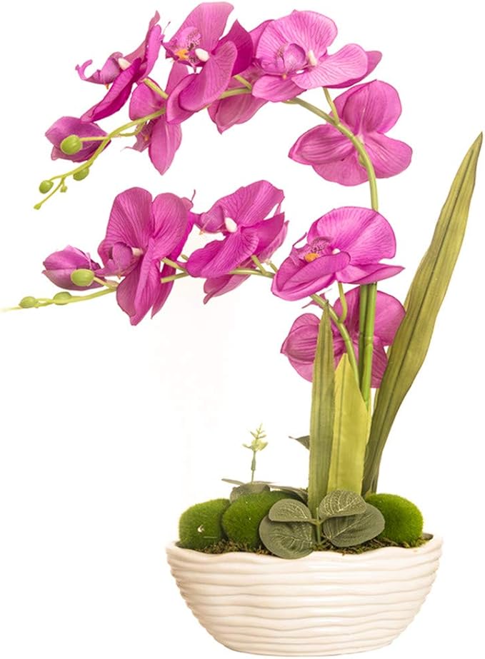 Large Artificial Potted Orchid Plant, Silk Flower Arrangement with Ceramics Vase, Purple Red
