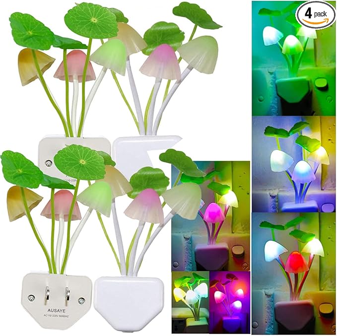 AUSAYE Sensor Night Light Plug Into Wall,Auto Night Lights Led 7 Colors Cute LED Lamp Mushroom Light for Kids,Mom,Bedroom,BathroomToilet,Hallway,Stairs,Kitchen Pack of 4