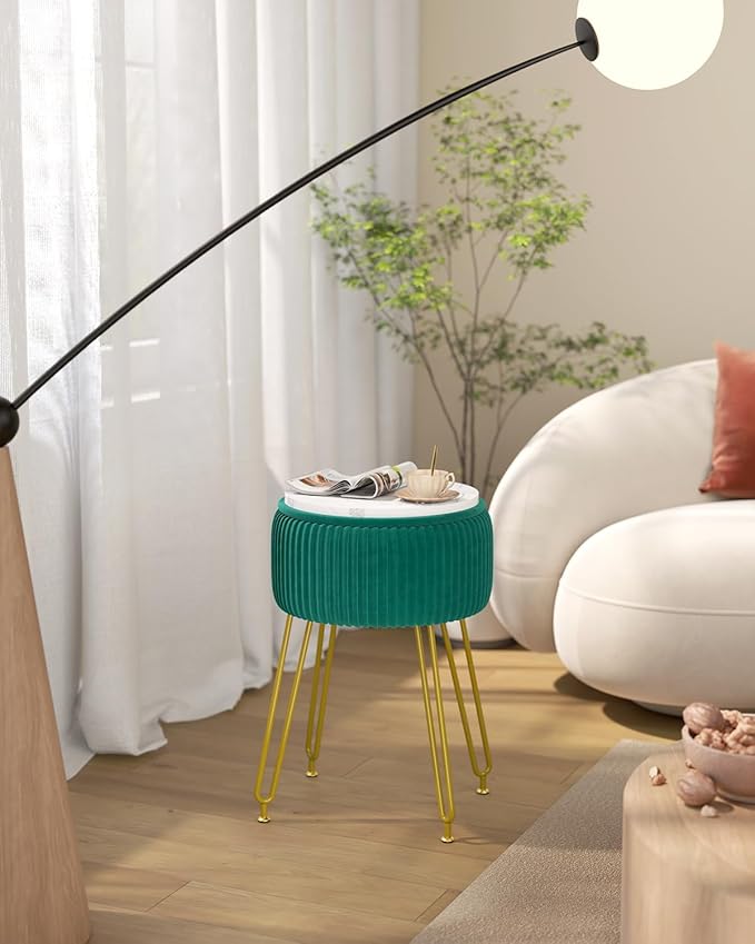 IBUYKE Velvet Storage Footrest Stool Ottoman, Makeup Vanity Stool Side Table with Golden Steel Legs Removable Cover, Coffee Table Top Cover, Green LG-20L