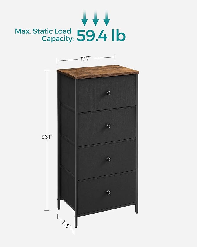 SONGMICS Dresser for Bedroom, Fabric Dresser with 4 Drawers, Metal Frame, Small Chest of Drawers, Black and Rustic Brown ULTS314B01