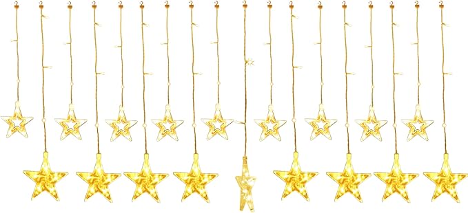 TOFU Star Curtain Lights, 108 Led 12 Stars Remote Window Curtain String Lights Plug in with 8 Flashing Modes Decoration for Christmas, Wedding, Bedroom, Party, Birthday, 7.3ft W, 3.3ft H, Warm White