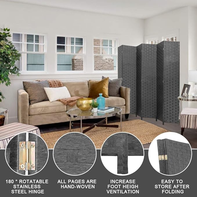 Room Divider Wood Screen 6 Panel Folding Portable Partition Screens Wooden Mesh Woven Design Room Screen Divider for Home Office (Black)