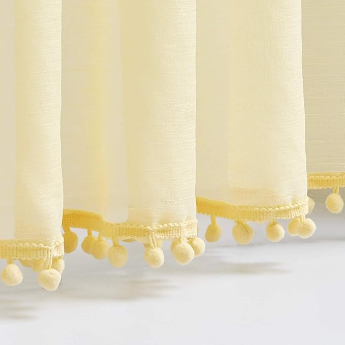 Treatmentex Sheer Curtains for Bedroom Children's Room Yellow 108 inches Long Linen Textured Window Drapes with Cute Pom Pom Tassle 2 Panels 52" w Rod Pocket Header