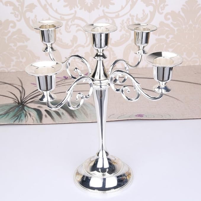 Black Candelabra Candle Holders for Pillar Candles 10.6 inch Tall, 5 Candle Candlestick Holder for 1/2-1 inch Taper Candles Halloween Candelabra Decoration Easy Assembly (Silver)
