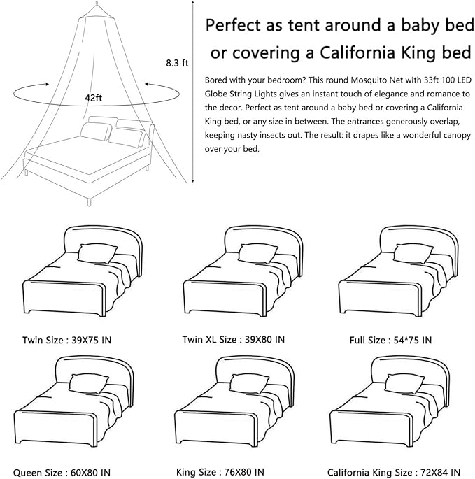Mosquito Net Bed Canopy for Girls,King Canopy Bed Curtains Full Queen Size from Ceiling,Dome Mosquito Netting Bed Tent Twin Girls Princess Canopy Bed White Decor for Baby Crib,Kid Bed and Adult Beds