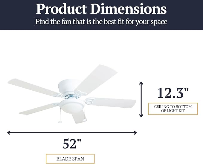Prominence Home Benton Traditional 52 Inch Ceiling Fan with Light, LED Flush Mount Ceiling Fan, Indoor Fan with 5 Blades, White and Gray Oak Blade Finish Options, White (50852-01)