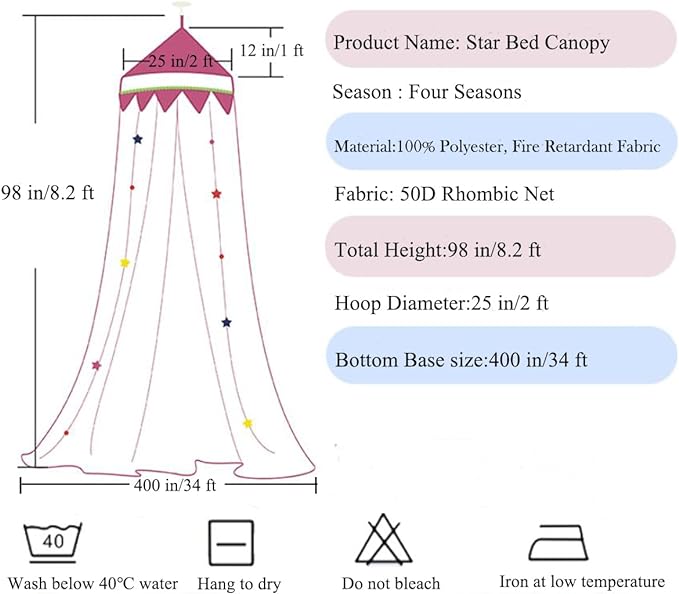 Bed Canopy for Girls with Star Lights,Princess Canopy Bed Curtains Mosquito Net with Gold Star for Girls Room Decor, Canopy for Bed Twin Single Full Queen Size Bed (Pink)