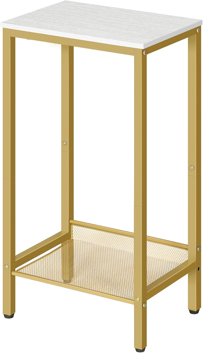 HOOBRO Tall Side Table, Industrial End Telephone Table with Adjustable Mesh Shelves, for Living Room, Bedroom, Entryway, Office, White and Gold DW03DH01
