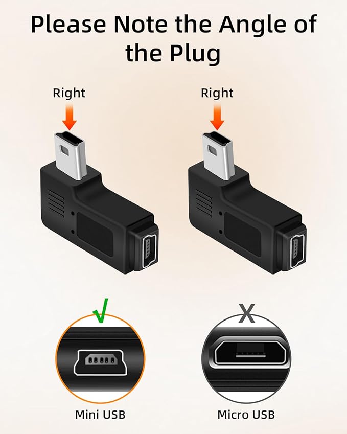 RIIEYOCA Mini USB 5 PIN Adapter,90 Degree Right and Right Angled Mini USB Male to Female Connector,Supports Charging and Data Transfer for Mobile Phones,Cameras,Laptops etc.(2Pack)
