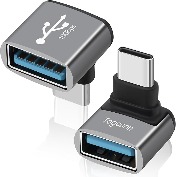 90 Degree USB C to USB Adapter 10Gbps, 2-Pack Right Angle Type-C (Male) to USB-A (Female) L-Shape Extender Converter Support Charge & Data Transfer for iPhone 16 15 Series, PC, Tablet, Laptop