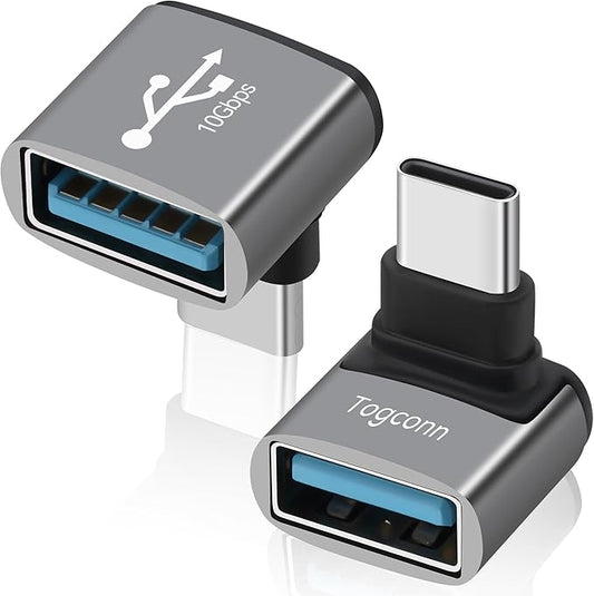 90 Degree USB C to USB Adapter 10Gbps, 2-Pack Right Angle Type-C (Male) to USB-A (Female) L-Shape Extender Converter Support Charge & Data Transfer for iPhone 16 15 Series, PC, Tablet, Laptop