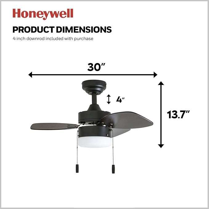Honeywell Ceiling Fans Ocean Breeze Modern 30 Inch Ceiling Fan with Light, Pull Chain LED Indoor Fan with 3 Blades, Dark Brown Chestnut and Light Oak Blade Finish Options, Bronze (50602-01)