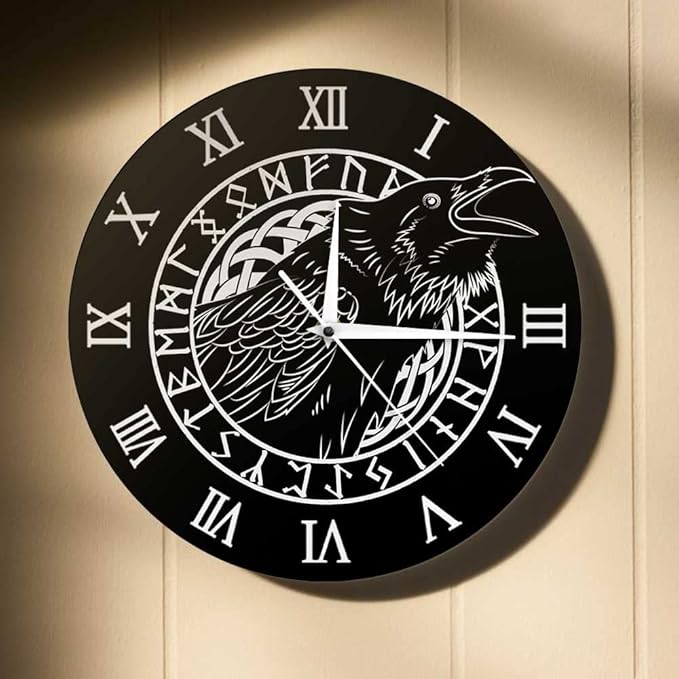 Geek Alerts Cawing Black Crow with Roman Numerals Silent Wall Clock 12inch Viking Odin Raven with Scandinavian Runes Battery Operated Quartz Watch