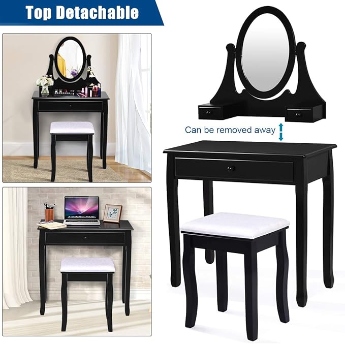 Giantex Vanity Set with Oval Mirror and Cushioned Stool, Makeup Dressing Table with 3 Drawers, Modern Bathroom Bedroom Makeup Organizer Vanity Table for Women Girls Gifts (Black)