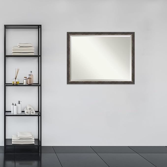 Amanti Art Brown Bathroom Mirror for Over Sink, 33x43 Bark Rustic Char Narrow Rectangle Vanity Mirror, X-Large Country Rustic Frame, Hangs Horizonally and Vertically, Bathroom Wall Decor, Beveled Edge