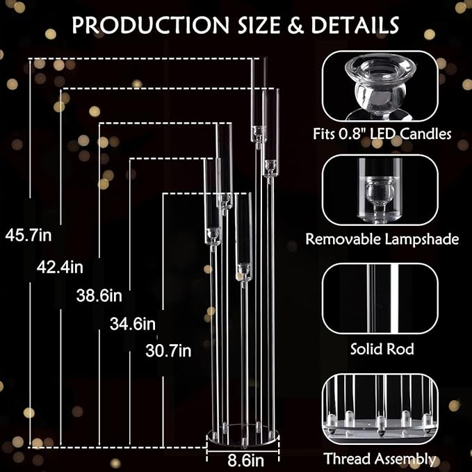 10pcs 5 Arm Candelabra Acrylic Clear Floor Candelabra for Wedding Decor Tall Candle Holder for Table Centerpiece Ceremony Party Home Decoration Fit 0.8 LED Candle
