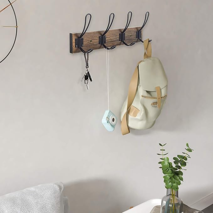 Rustic Wall Mounted Coat Hook with 4 Farmhouse Hooks - Solid Pine Wood Towel and Coat Rack for Bathroom, Entryway, Kitchen - Brown