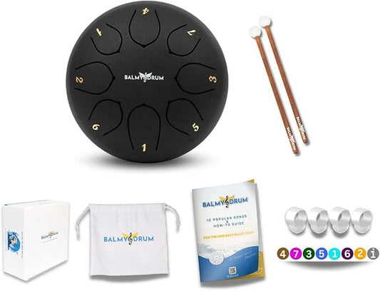 The Balmy Drum - 8 Note 6 Inch Steel Tongue Drum, Steel Drum Instrument, Drums For Children and Adults, Balmy Drum Set for Kids with Music Book, Handpan, Mallet and Carry Bag (Black)