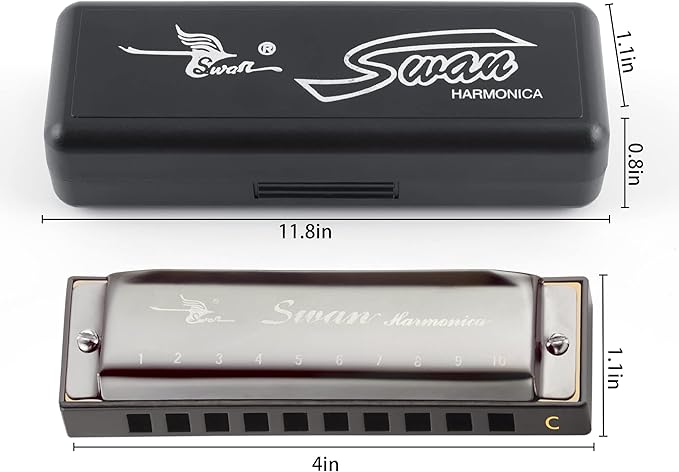 SWAN Blues Harmonica C Key for Kids& Adults, 10 Hole 20 Tone Diatonic Harmonica Key of C Blues Harp for Beginners& Students, Mouth Organ in Stainless Steel Gunmetal Black, SW1020-7C
