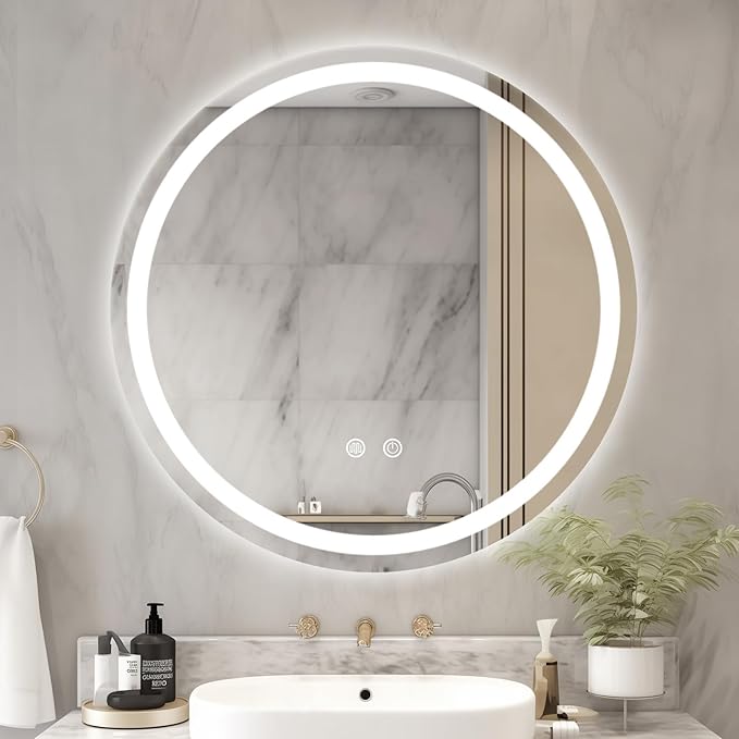 WallBeyond LED Bathroom Mirror with Lights, 28'' Round Light Up Bathroom Mirror for Wall with Front and Backlit, Anti Fog Led Mirror for Bathroom, 3 Colors and Dimmable Light