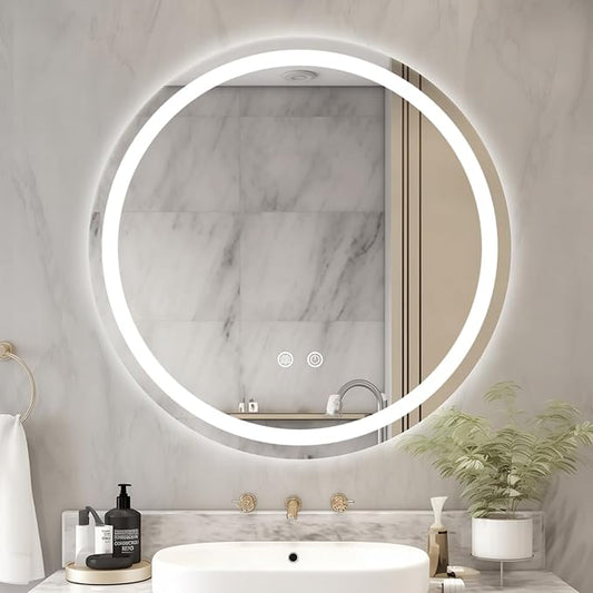 WallBeyond LED Bathroom Mirror with Lights, 28'' Round Light Up Bathroom Mirror for Wall with Front and Backlit, Anti Fog Led Mirror for Bathroom, 3 Colors and Dimmable Light