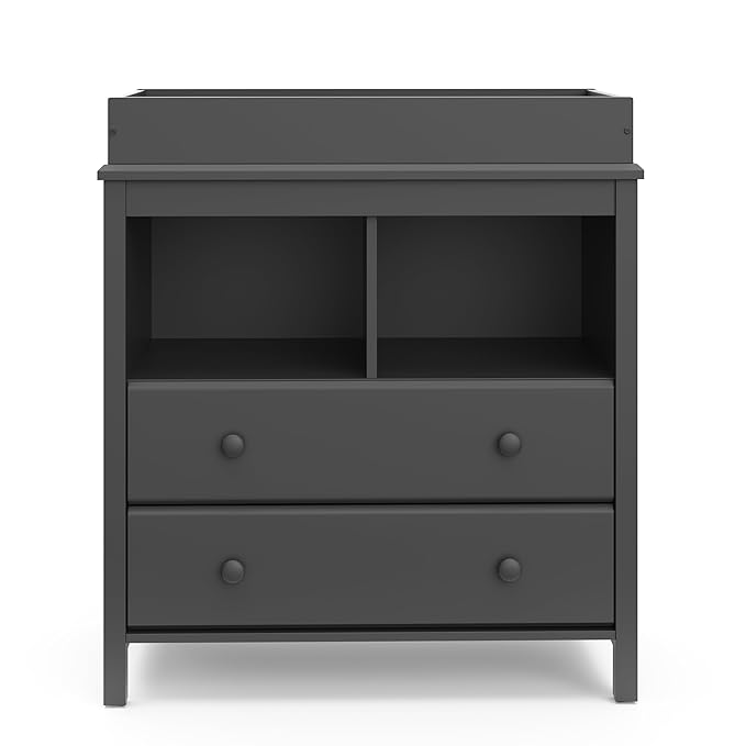 Storkcraft Alpine 2 Drawer Changing Table Chest (Gray) - Attached Changing Table Topper Fits Any Standard-Size Baby Changing Pad, 2 Drawers, 2 Shelves for Extra Nursery Storage, Easy to Assemble