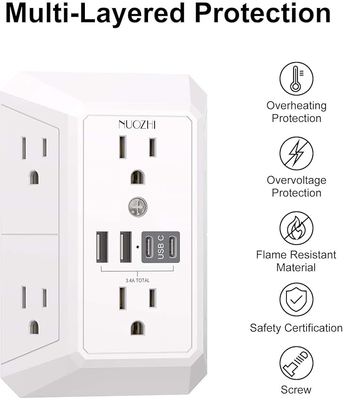 Outlet Extender Surge Protector - NUOZHI 6 Outlet Splitter with 4 USB Ports(2 USB-C), Multi Plug Wall Outlet 1680J Power Strip for Home Office Dorm Room Essentials, ETL, White
